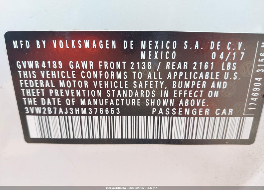 2017 VOLKSWAGEN JETTA VIN: 3VW2B7AJ3HM376653