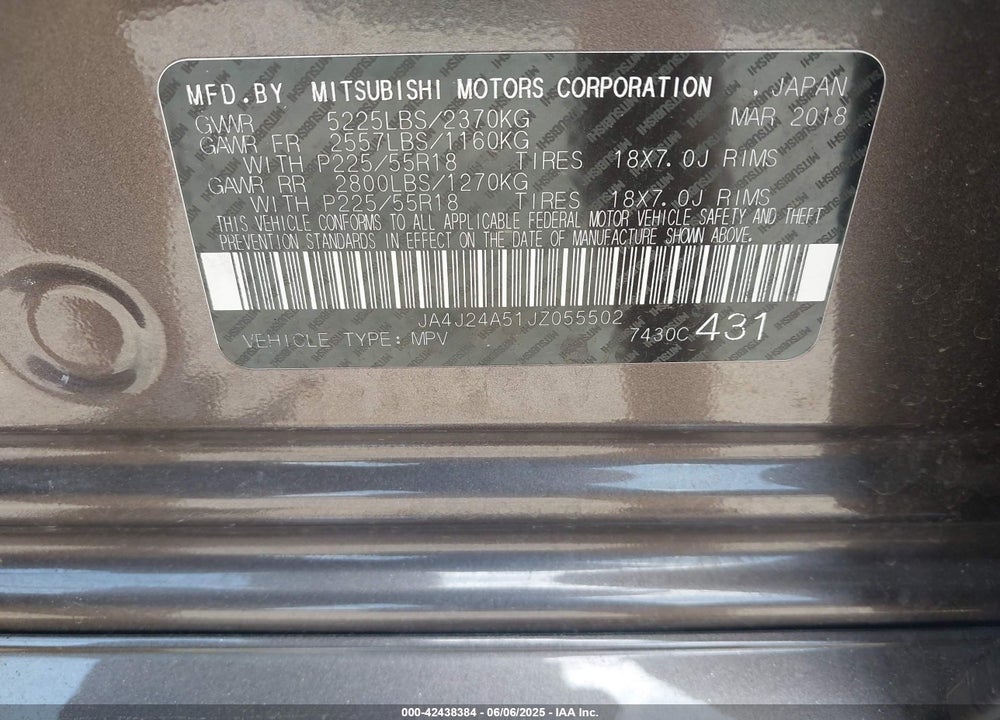 2018 MITSUBISHI OUTLANDER VIN: JA4J24A51JZ055502