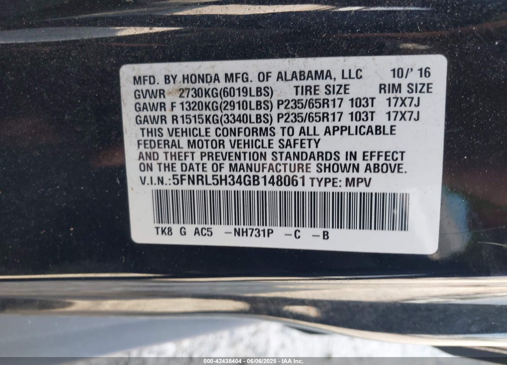2016 HONDA ODYSSEY SE VIN: 5FNRL5H34GB148061