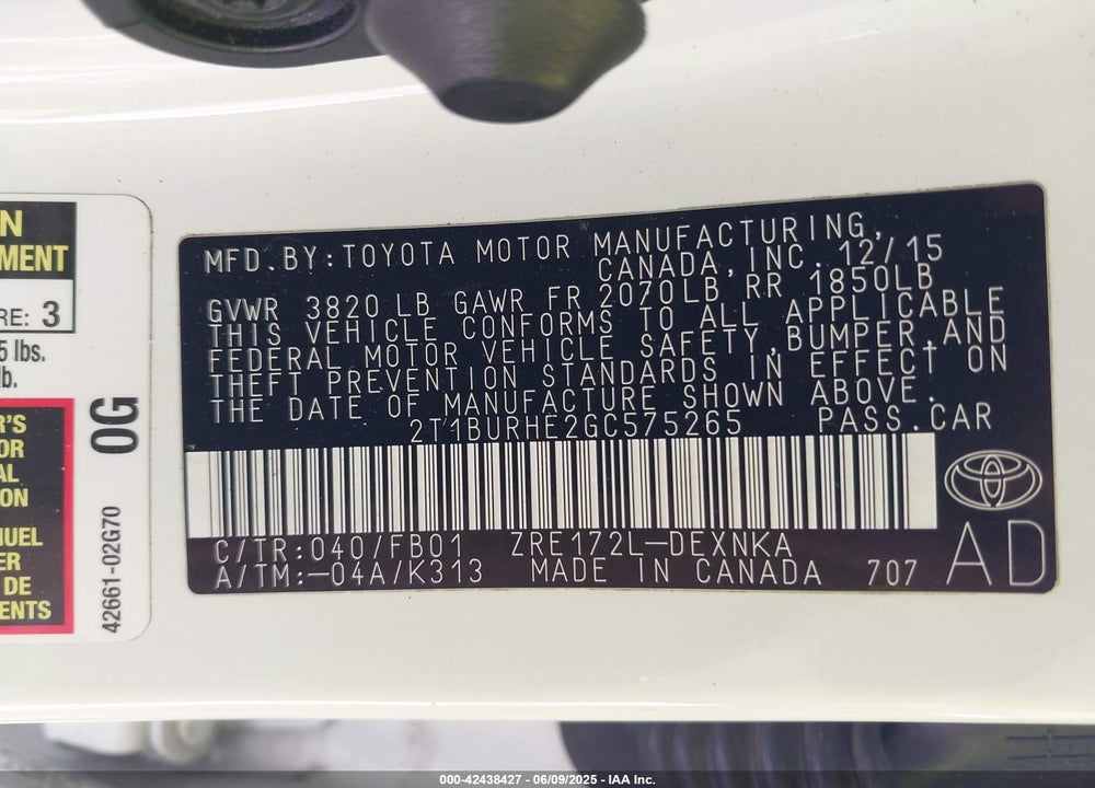 2016 TOYOTA COROLLA VIN: 2T1BURHE2GC575265