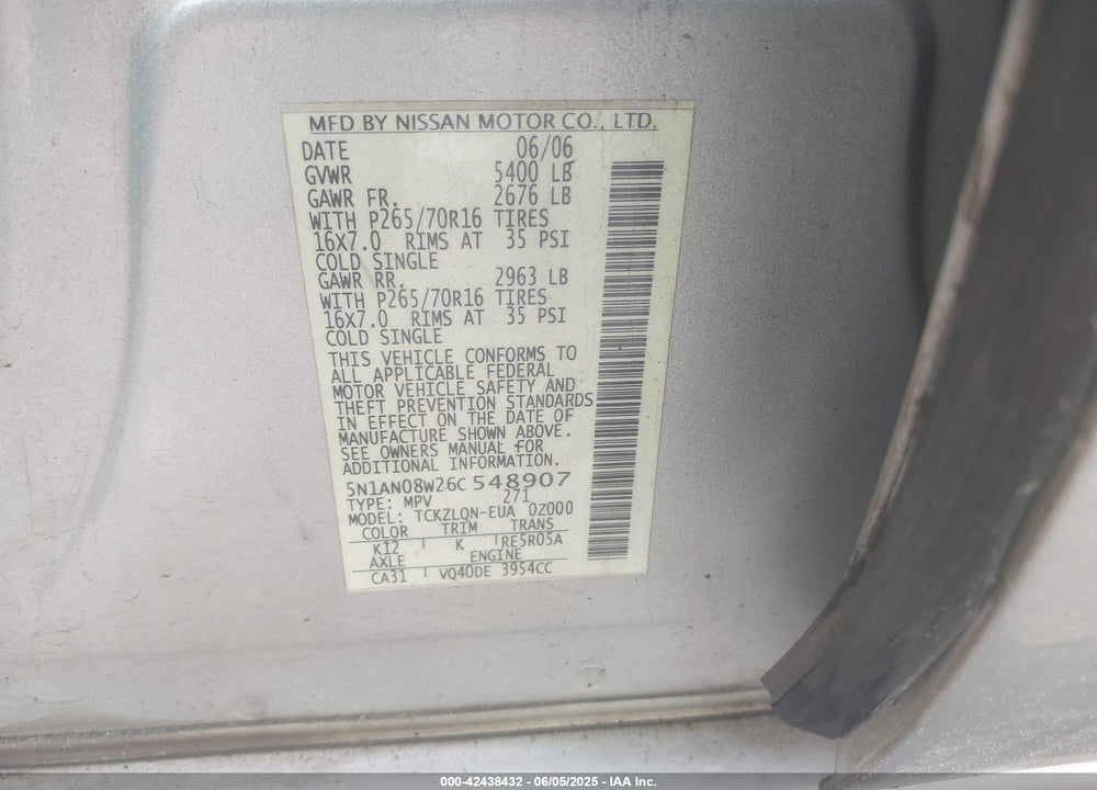 2006 NISSAN XTERRA X VIN: 5N1AN08W26C548907