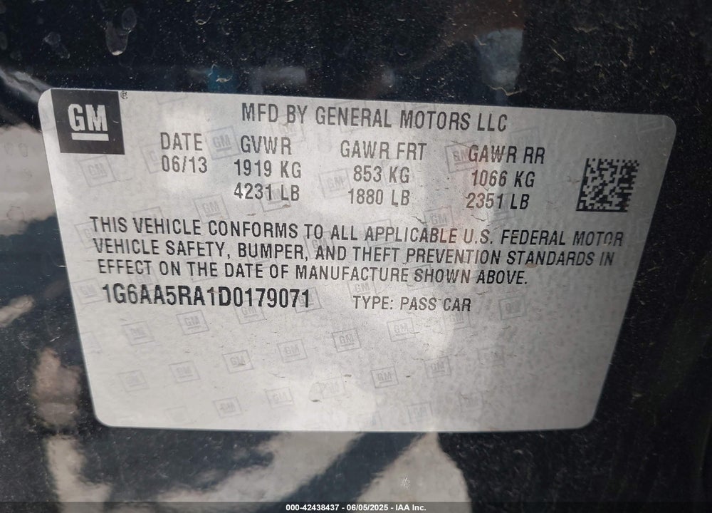 2013 CADILLAC ATS STANDARD VIN: 1G6AA5RA1D0179071