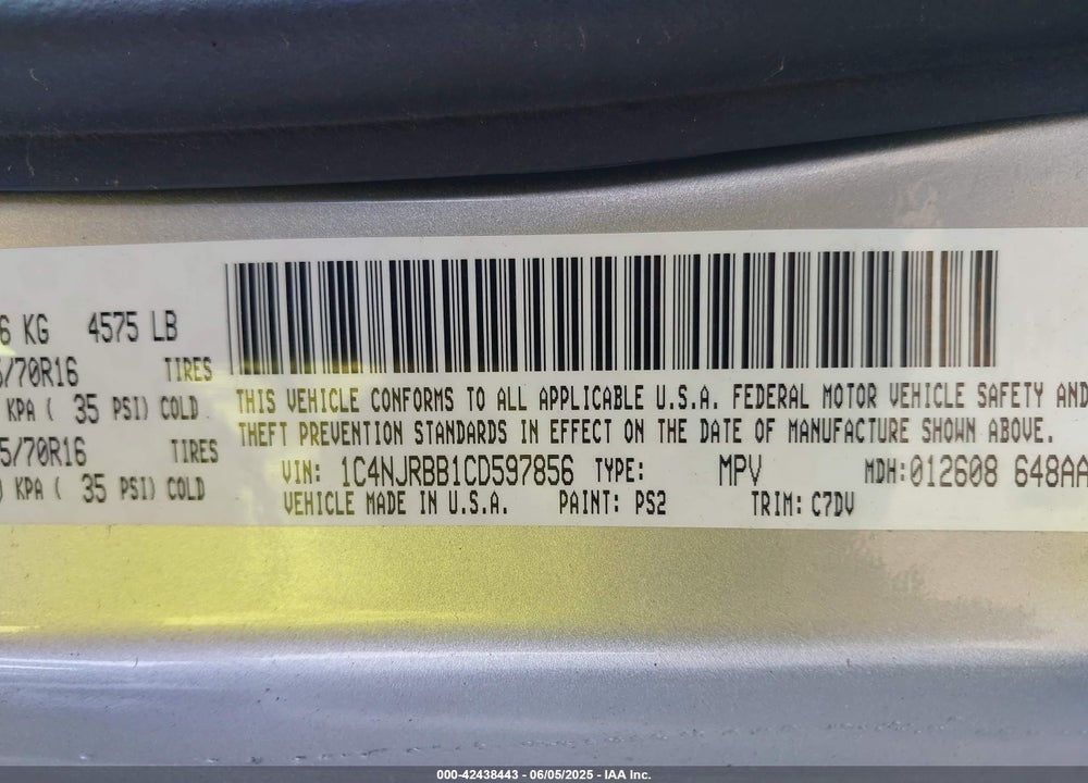 2012 JEEP PATRIOT SPORT VIN: 1C4NJRBB1CD597856