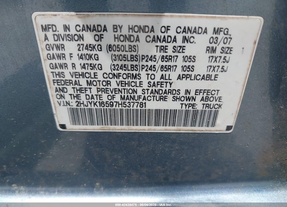 2007 HONDA RIDGELINE RTL VIN: 2HJYK16597H537781