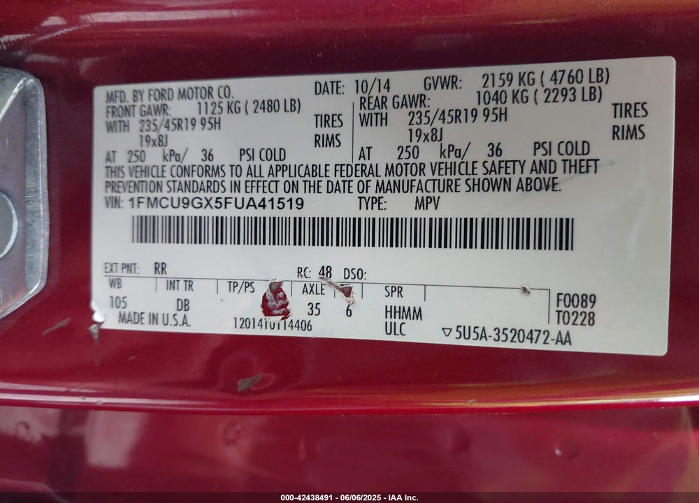 2015 FORD ESCAPE VIN: 1FMCU9GX5FUA41519