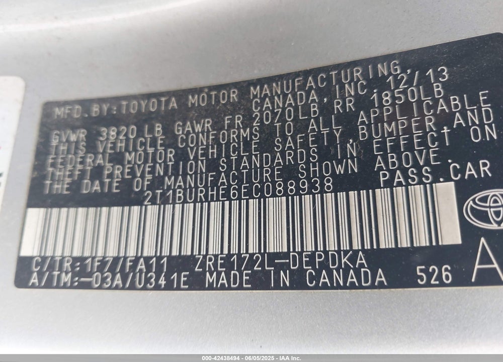 2014 TOYOTA COROLLA L VIN: 2T1BURHE6EC088938