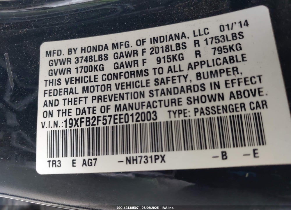 2014 HONDA CIVIC VIN: 19XFB2F57EE012003