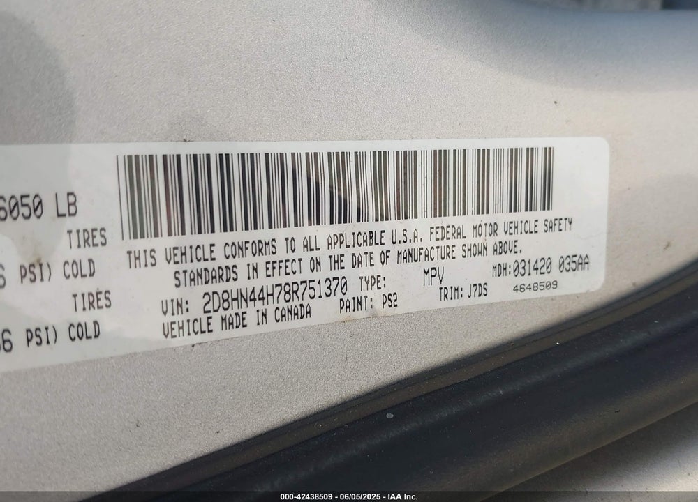 2008 DODGE GRAND CARAVAN SE VIN: 2D8HN44H78R751370