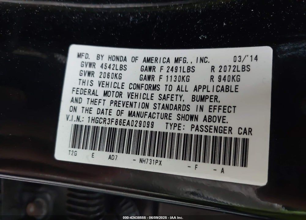 2014 HONDA ACCORD EX-L V-6 VIN: 1HGCR3F86EA029099