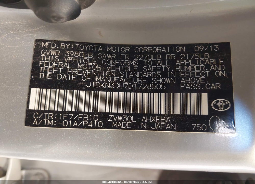 2013 TOYOTA PRIUS THREE VIN: JTDKN3DU7D1728505