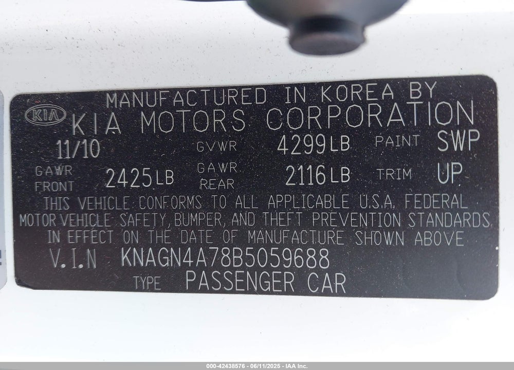 2011 KIA OPTIMA EX VIN: KNAGN4A78B5059688