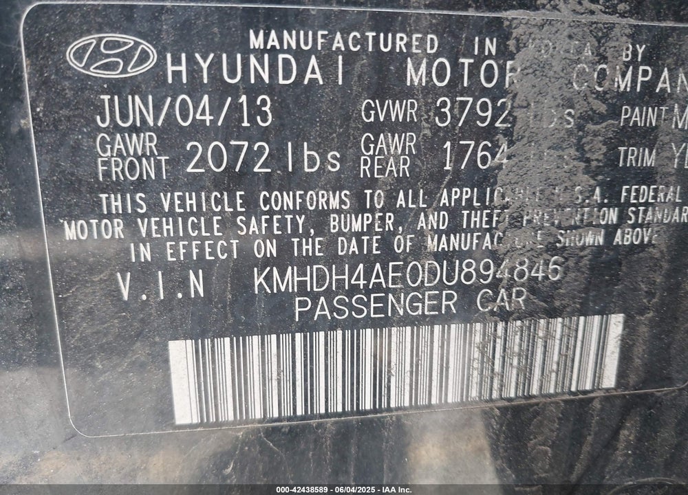 2013 HYUNDAI ELANTRA GLS VIN: KMHDH4AE0DU894846