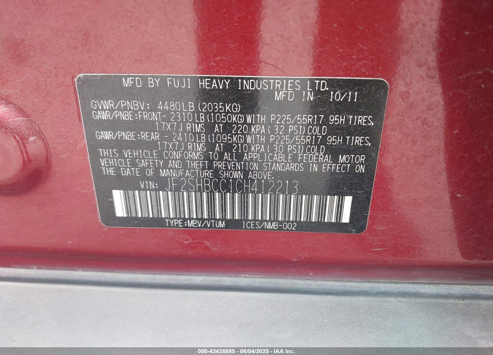 2012 SUBARU FORESTER 2.5X PREMIUM VIN: JF2SHBCC1CH412213
