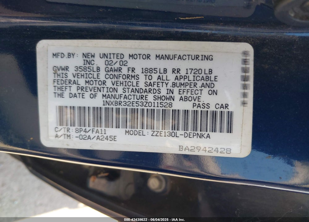 2003 TOYOTA COROLLA LE VIN: 1NXBR32E53Z011528