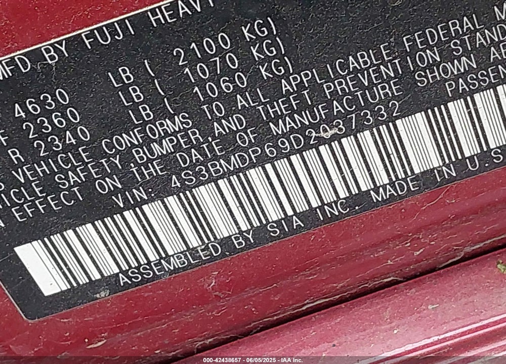 2013 SUBARU LEGACY 3.6R LIMITED VIN: 4S3BMDP69D2037332