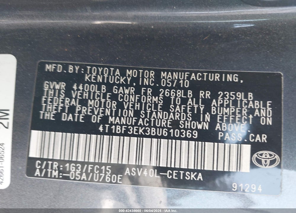 2011 TOYOTA CAMRY SE VIN: 4T1BF3EK3BU610369