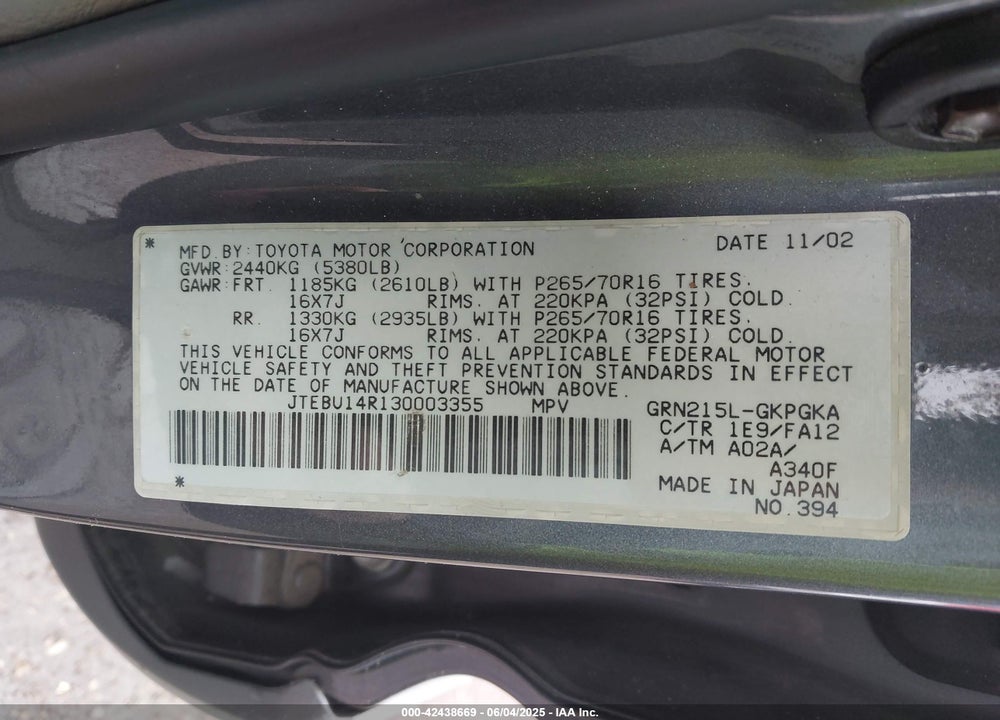 2003 TOYOTA 4RUNNER SR5 V6 VIN: JTEBU14R130003355