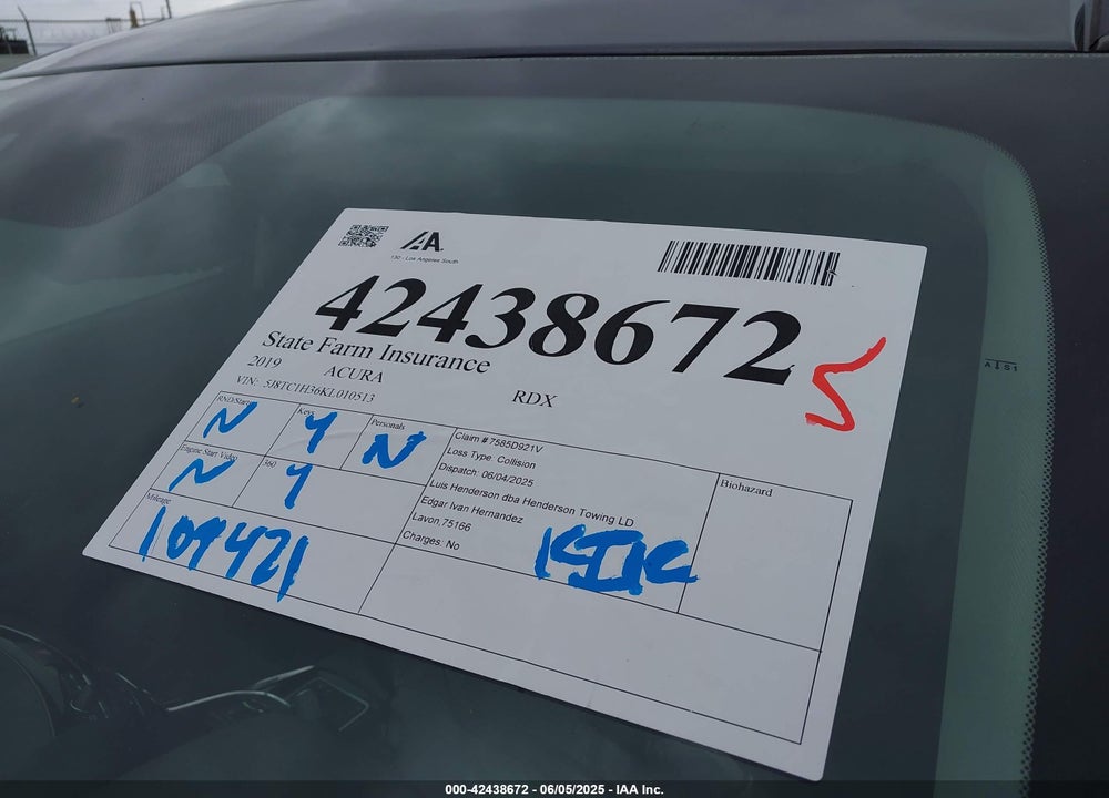 2019 ACURA RDX STANDARD VIN: 5J8TC1H36KL010513