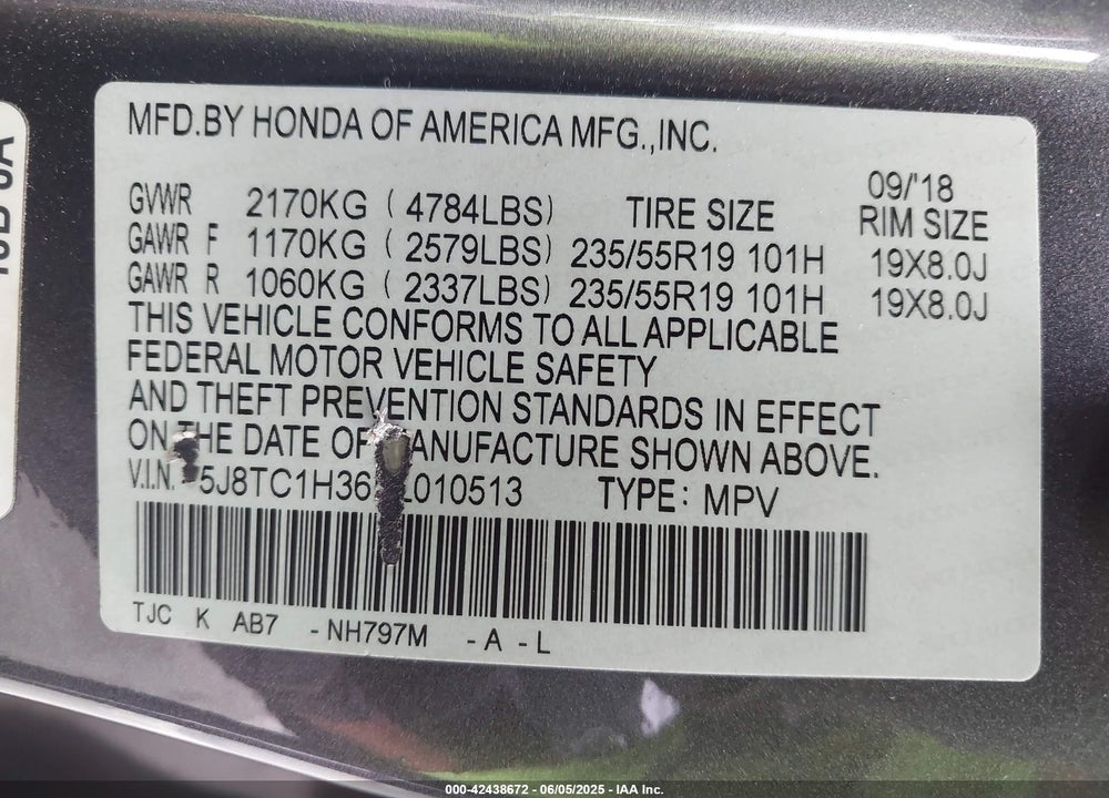 2019 ACURA RDX STANDARD VIN: 5J8TC1H36KL010513