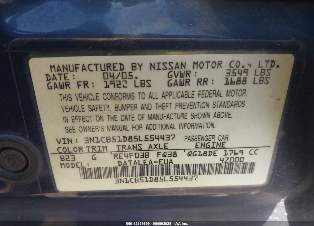 2005 NISSAN SENTRA VIN: 3N1CB51D85L554437