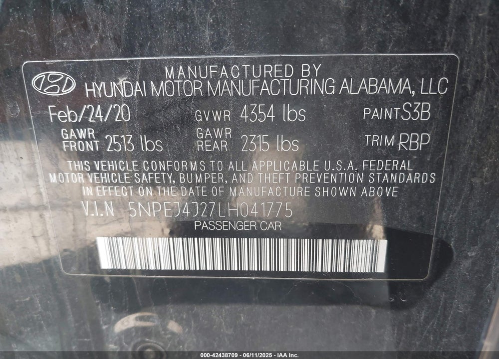 2020 HYUNDAI SONATA VIN: 5NPEJ4J27LH041775