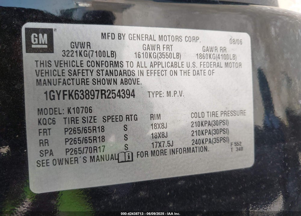 2007 CADILLAC ESCALADE VIN: 1GYFK63897R254394