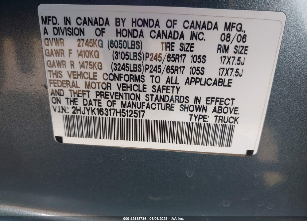 2007 HONDA RIDGELINE RTX VIN: 2HJYK16317H512517