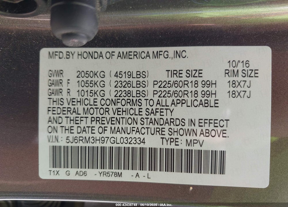 2016 HONDA CR-V TOURING VIN: 5J6RM3H97GL032334
