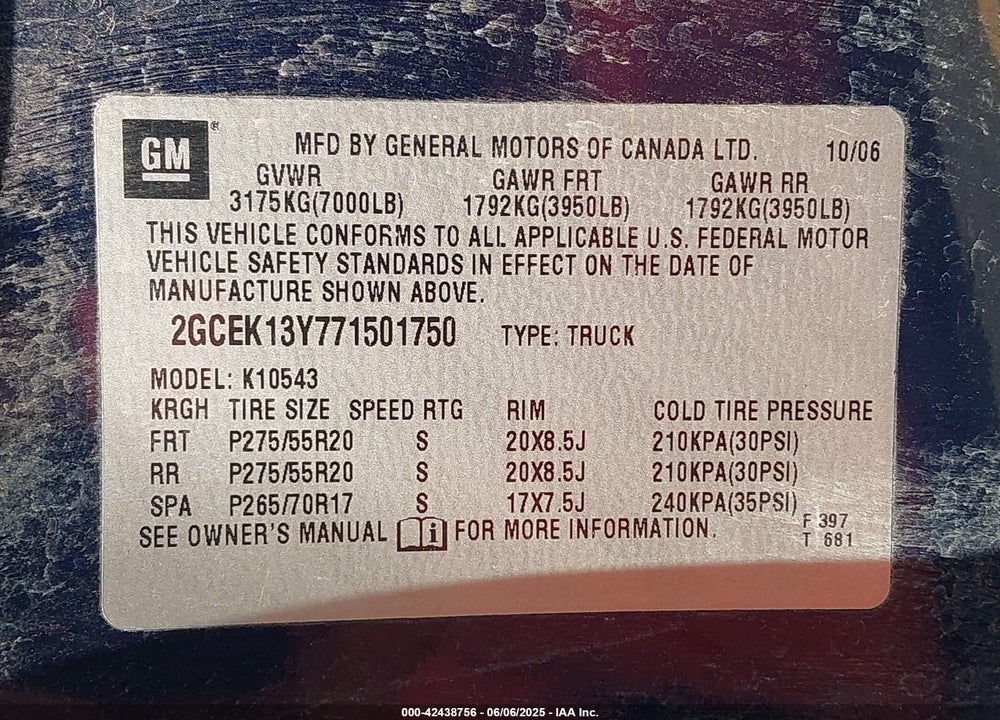 2007 CHEVROLET SILVERADO 1500 LTZ VIN: 2GCEK13Y771501750