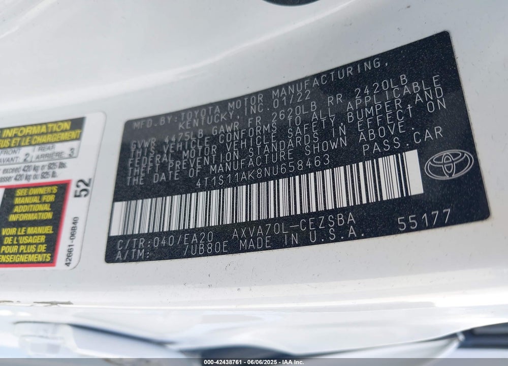 2022 TOYOTA CAMRY VIN: 4T1S11AK8NU658463