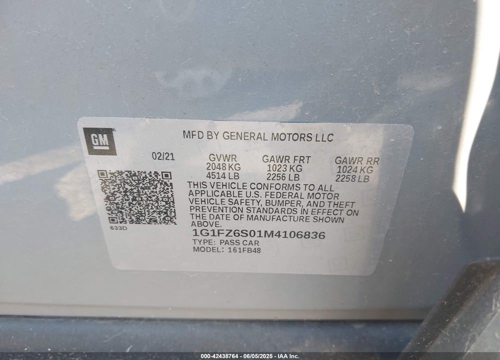 2021 CHEVROLET BOLT EV VIN: 1G1FZ6S01M4106836