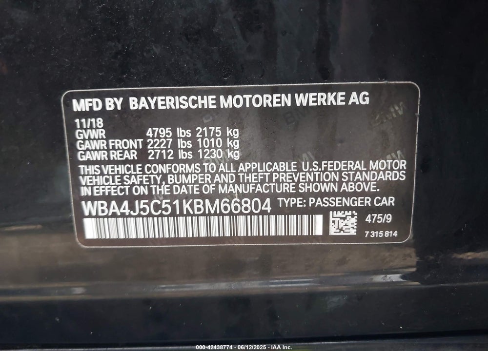 2019 BMW 440I GRAN COUPE VIN: WBA4J5C51KBM66804