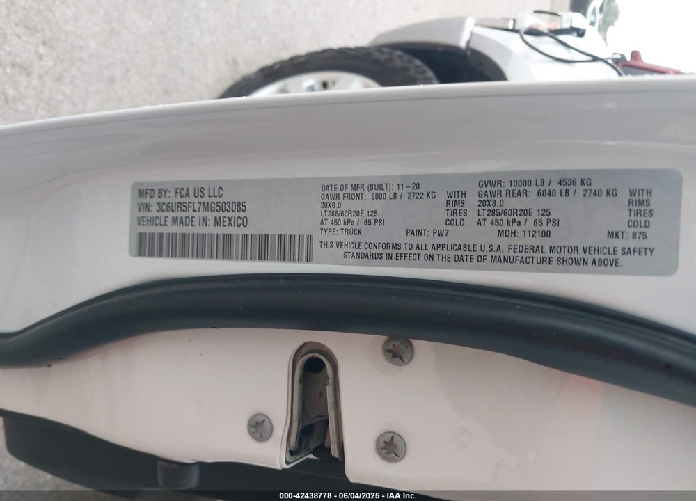2021 RAM 2500 VIN: 3C6UR5FL7MG503085
