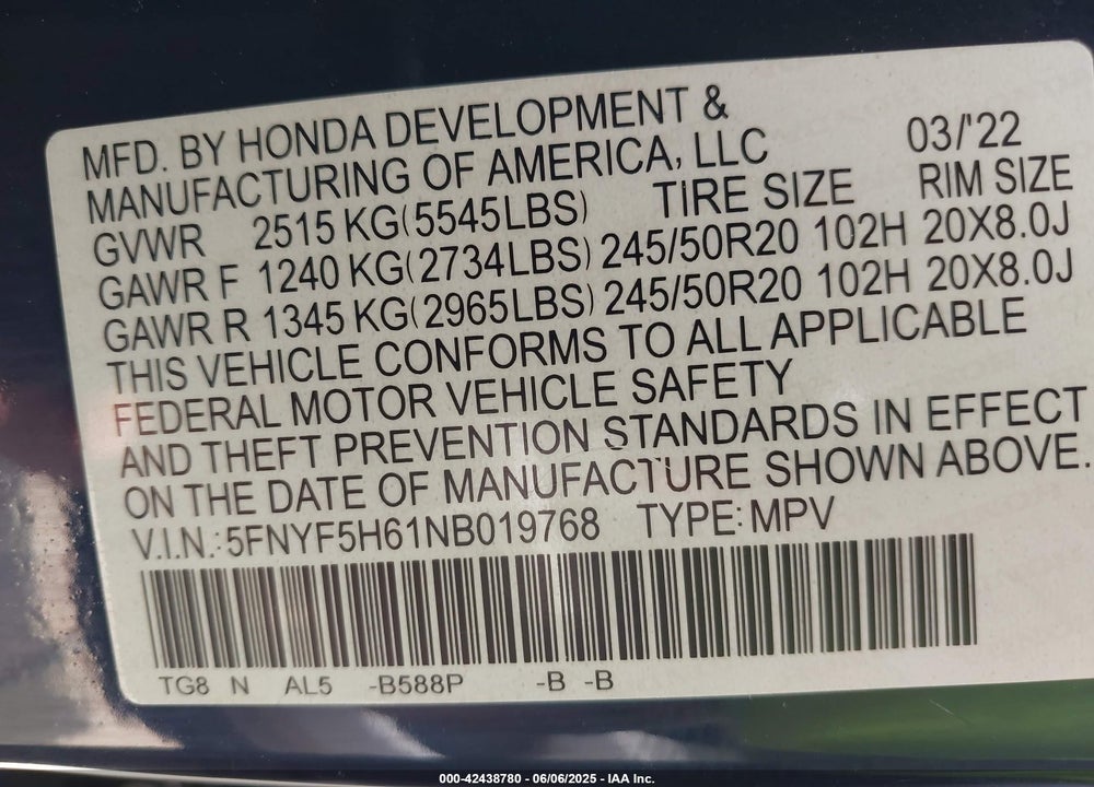 2022 HONDA PILOT VIN: 5FNYF5H61NB019768