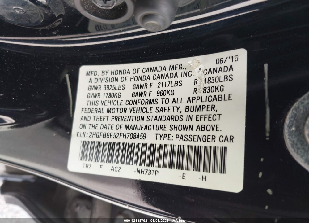 2015 HONDA CIVIC SI VIN: 2HGFB6E52FH708459