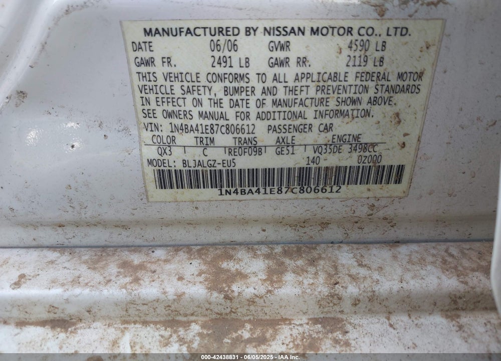 2007 NISSAN MAXIMA VIN: 1N4BA41E87C806612