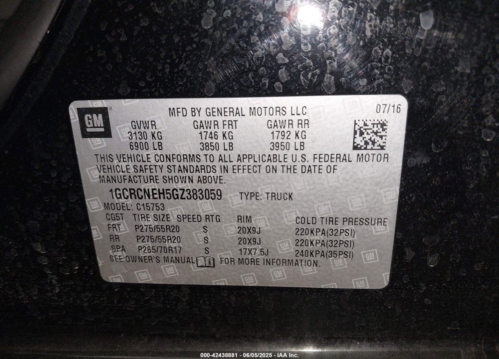 2016 CHEVROLET SILVERADO VIN: 1GCRCNEH5GZ383059