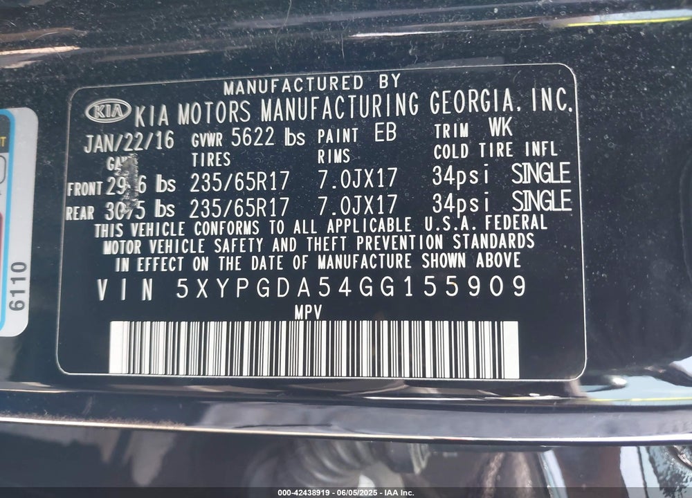 2016 KIA SORENTO 3.3L LX VIN: 5XYPGDA54GG155909