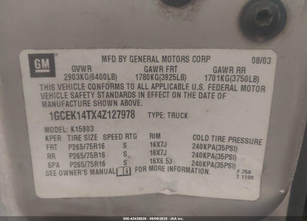 2004 CHEVROLET SILVERADO 1500 Z71 VIN: 1GCEK14TX4Z127978