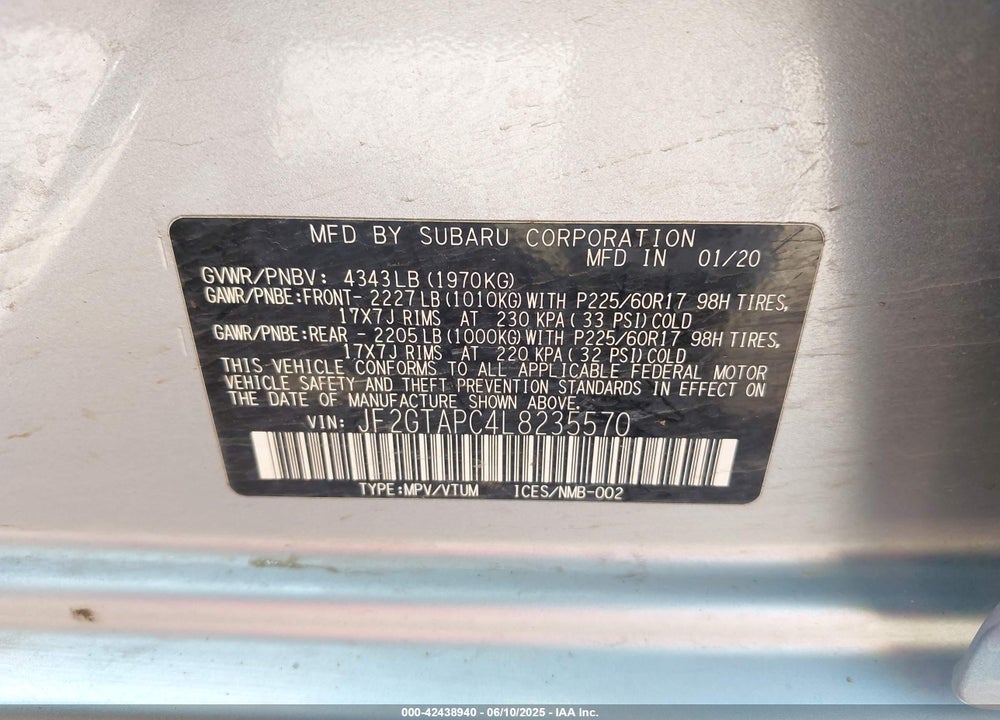 2020 SUBARU CROSSTREK VIN: JF2GTAPC4L8235570