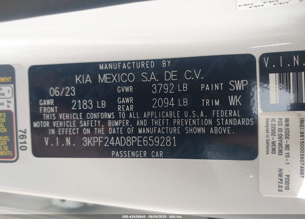 2023 KIA FORTE VIN: 3KPF24AD8PE659281