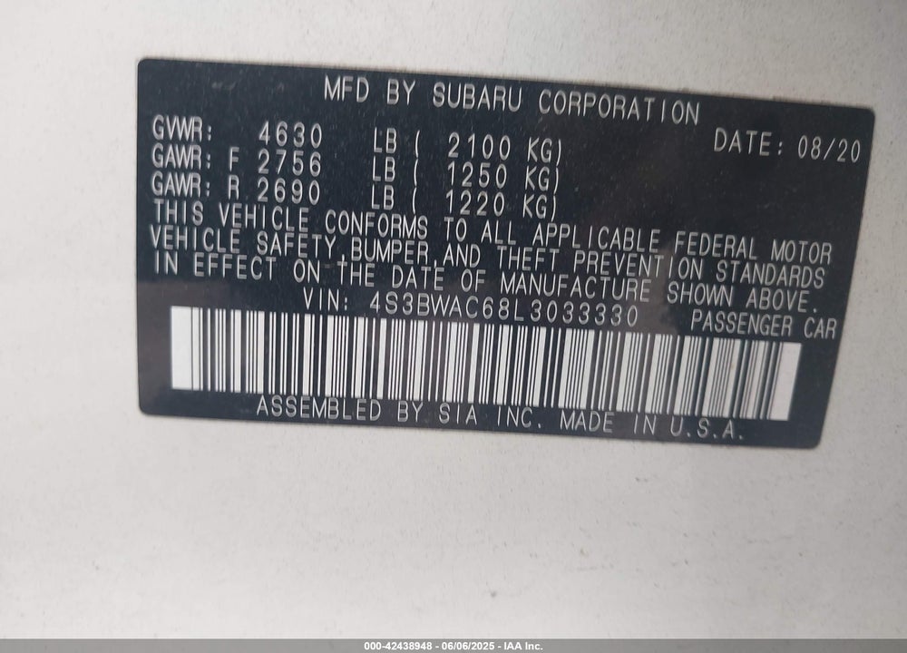 2020 SUBARU LEGACY VIN: 4S3BWAC68L3033330
