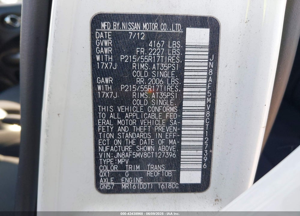 2012 NISSAN JUKE VIN: JN8AF5MV8CT127396