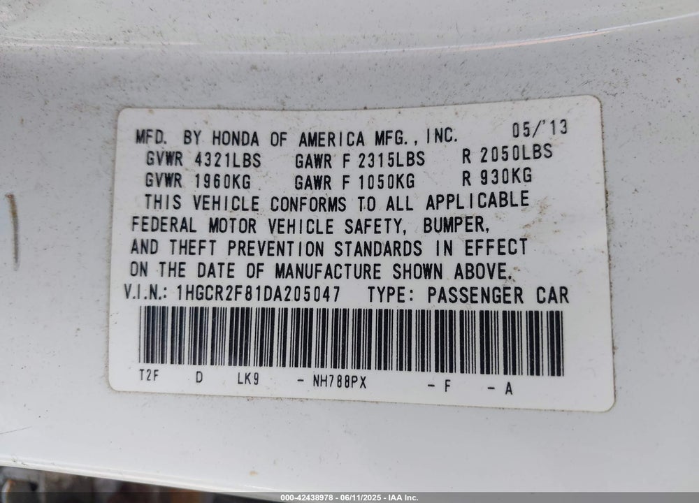 2013 HONDA ACCORD VIN: 1HGCR2F81DA205047