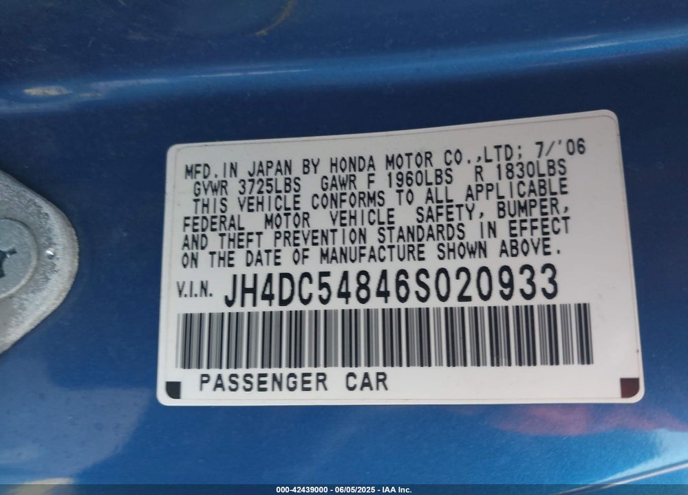 2006 ACURA RSX VIN: JH4DC54846S020933