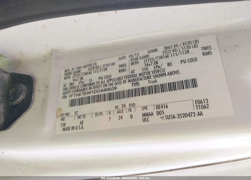 2013 FORD E-150 COMMERCIAL VIN: 1FTNE1EW1DDA90039