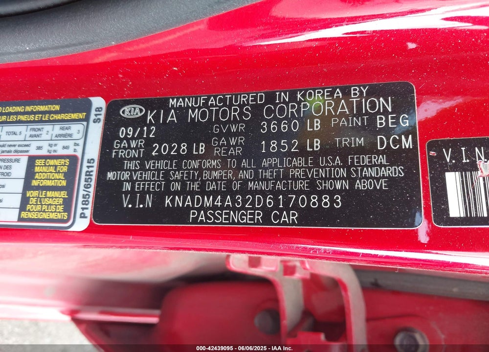 2013 KIA RIO VIN: KNADM4A32D6170883