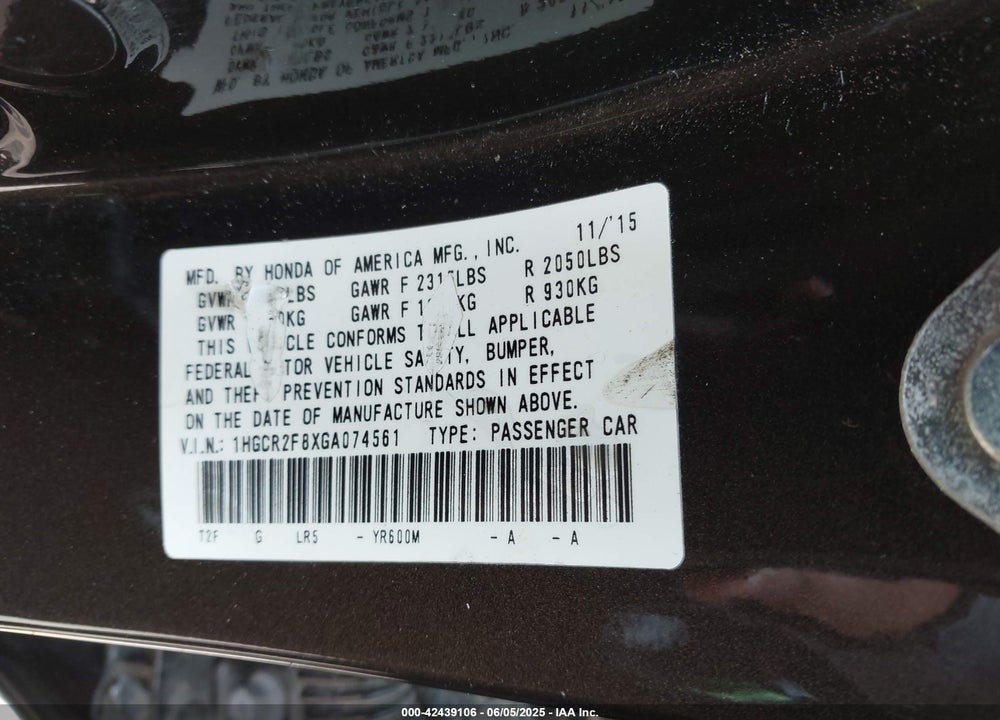 2016 HONDA ACCORD EX-L VIN: 1HGCR2F8XGA074561