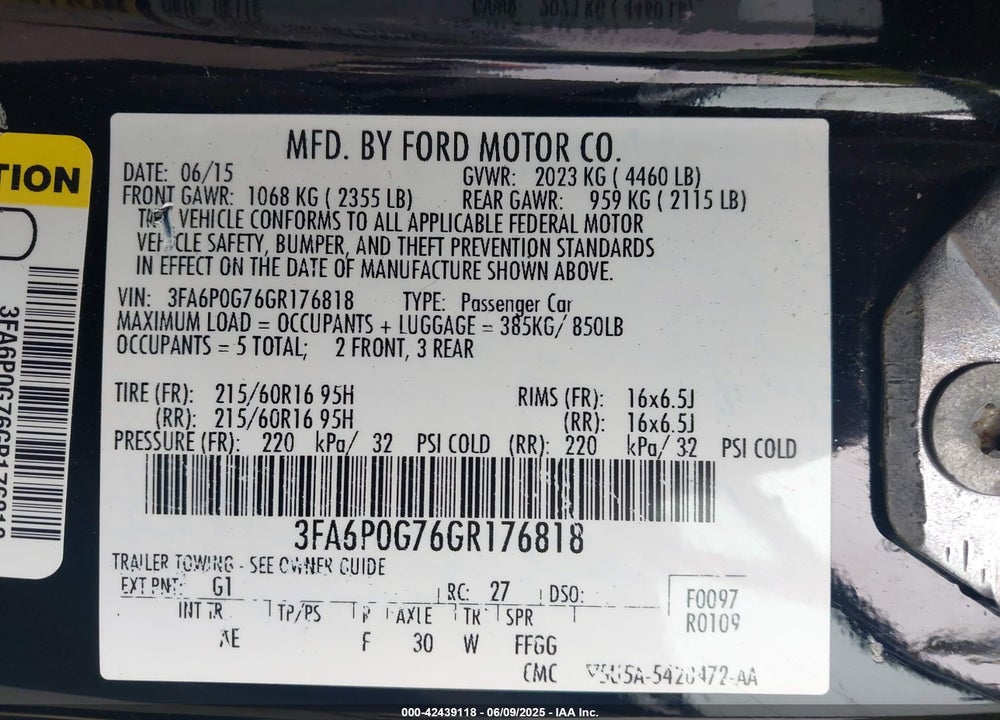 2016 FORD FUSION VIN: 3FA6P0G76GR176818