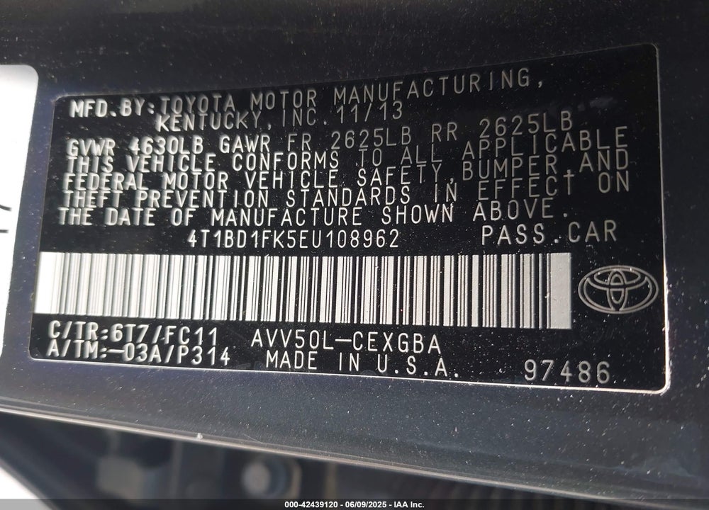 2014 TOYOTA CAMRY HYBRID VIN: 4T1BD1FK5EU108962
